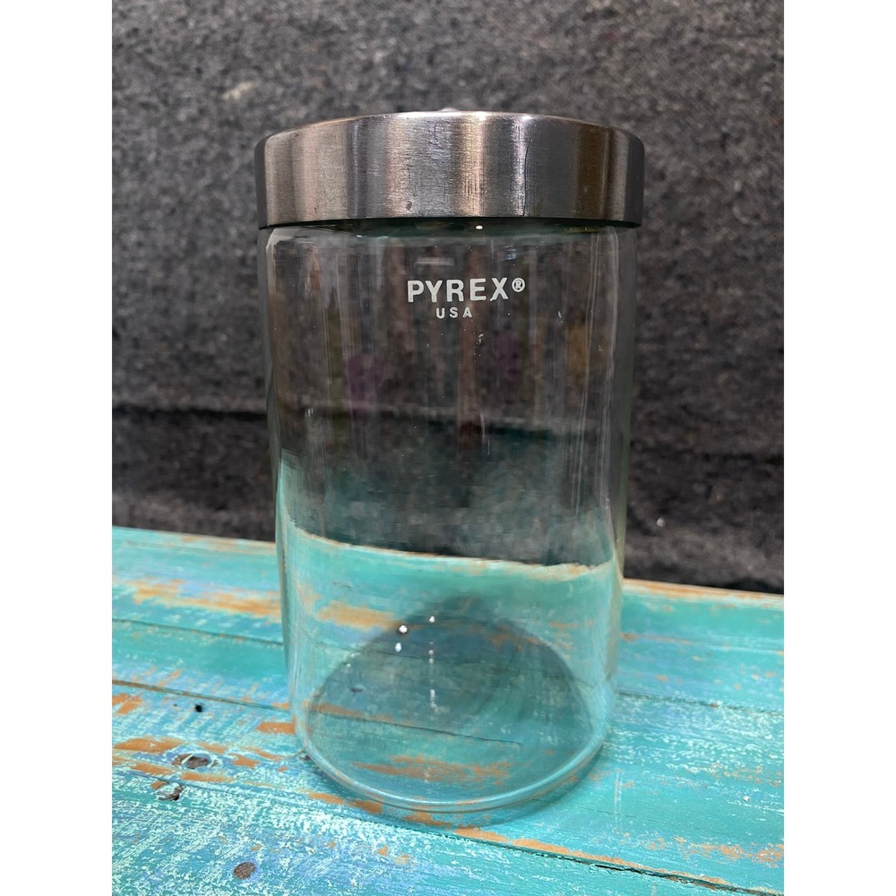 Pyrex USA Clear Glass Canister with Stainless Steel Lid Vintage Storage Jar